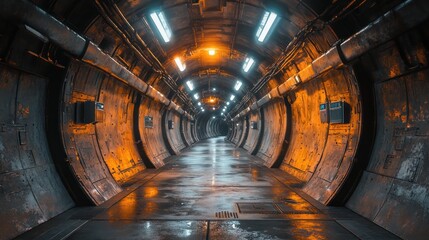 Obraz premium Futuristic underground tunnel, lit, pipes, industry, background, sci-fi setting