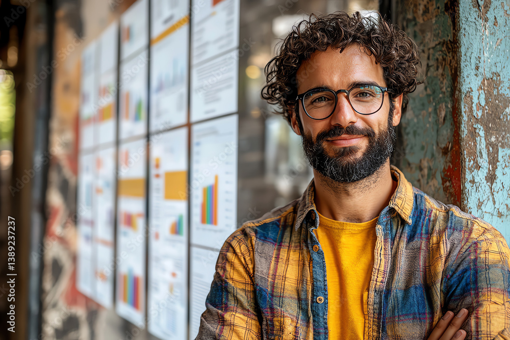 Poster confident young man with glasses standing in front of charts and graphs, showcasing professionalism 