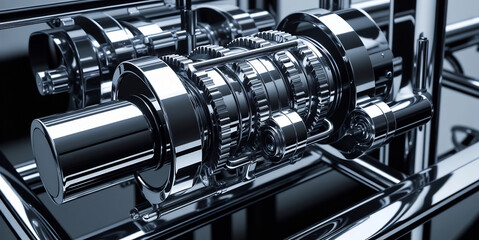 Shiny Chrome Gearbox Assembly Engineering Precision Metalwork Industrial Design Close Up