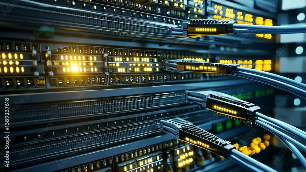 Poster data center server with blinking yellow lights and network cables connected to ports for cloud compu