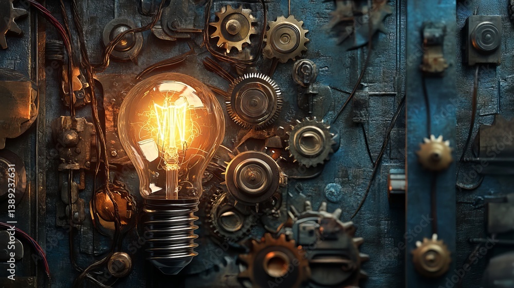 Poster illuminated light bulb amidst intricate gears and mechanical components in a steampunk setting