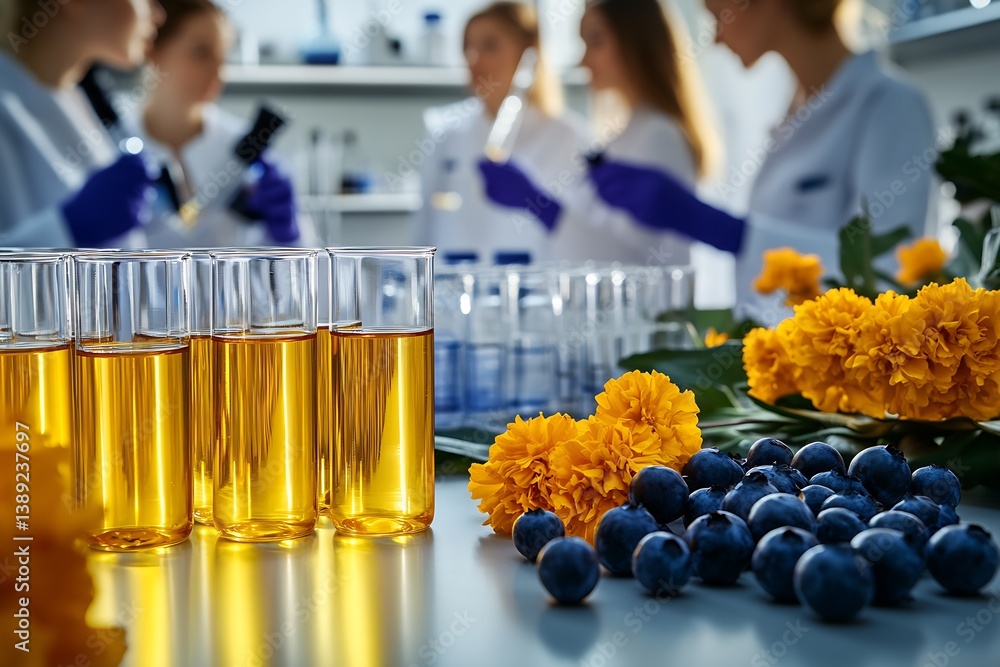 Poster dynamic laboratory setting featuring glass tubes with bright oils surrounded by colorful blooms and 