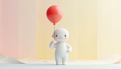 Cute White Character Holding Red Balloon On Pastel Background Illustration
