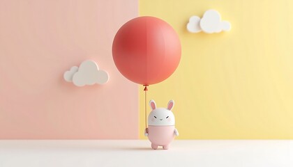 Cartoon Bunny Holding Red Balloon On Pastel Background With Clouds Render