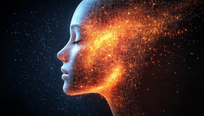 Fiery Mind Abstract Portrait Of A Human Head With Burning Particles, Consciousness, And Energy
