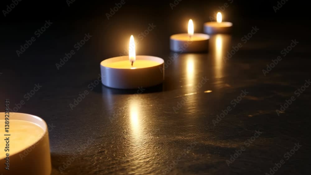 Poster row of illuminated tealight candles casting warm glows on dark surface creating soft light, offering