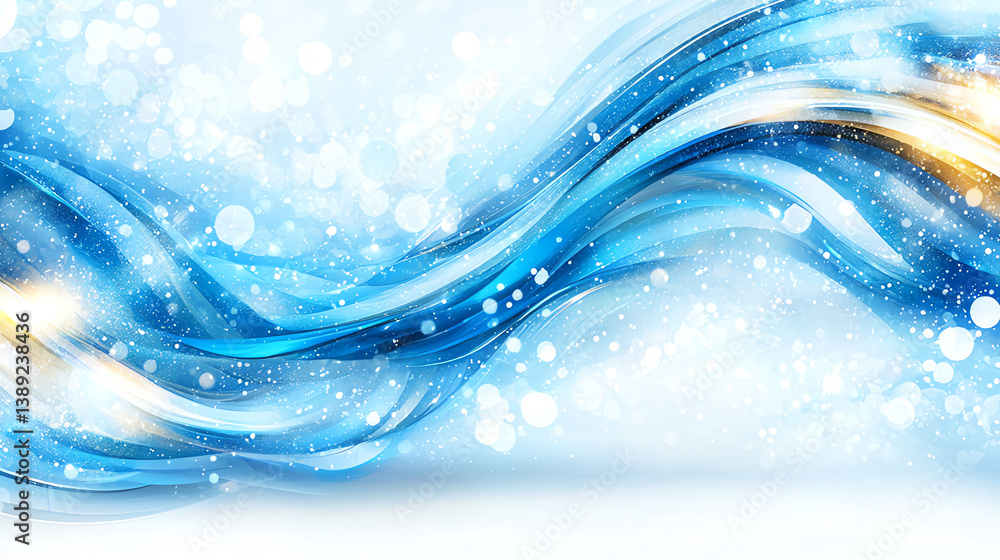 Poster dynamic abstract waves with blue tones and sparkles creating a modern and elegant atmosphere for des