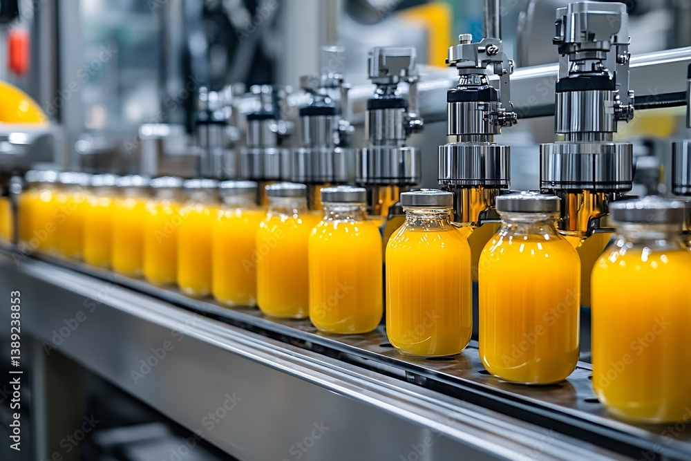 Poster Streamlined Bottling Process of Orange Juice in Clear Bottles on Production Line : Generative AI