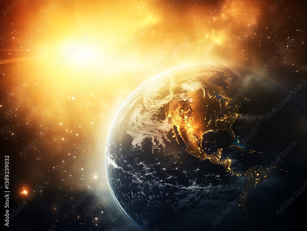 Poster Stunning view of Earth in space with starburst effect and galaxy backdrop radiating vibrant light : Generative AI