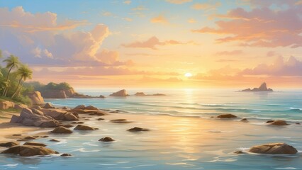 Fototapeta premium first light of day, breaking, Atlantic coastline, sky, vibrant colors, reflecting, ocean's surface, breathtaking, landscape.