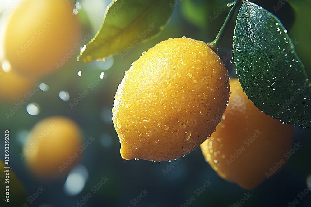Poster beautiful image of wet lemons hanging from a branch with glistening water droplets in nature : gener