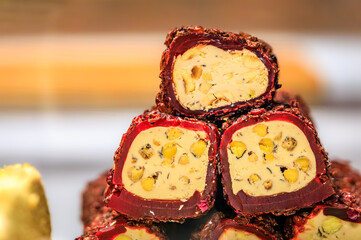 Turkish delight or rahat lokum candy at a bazaar market, Istanbul, Turkey