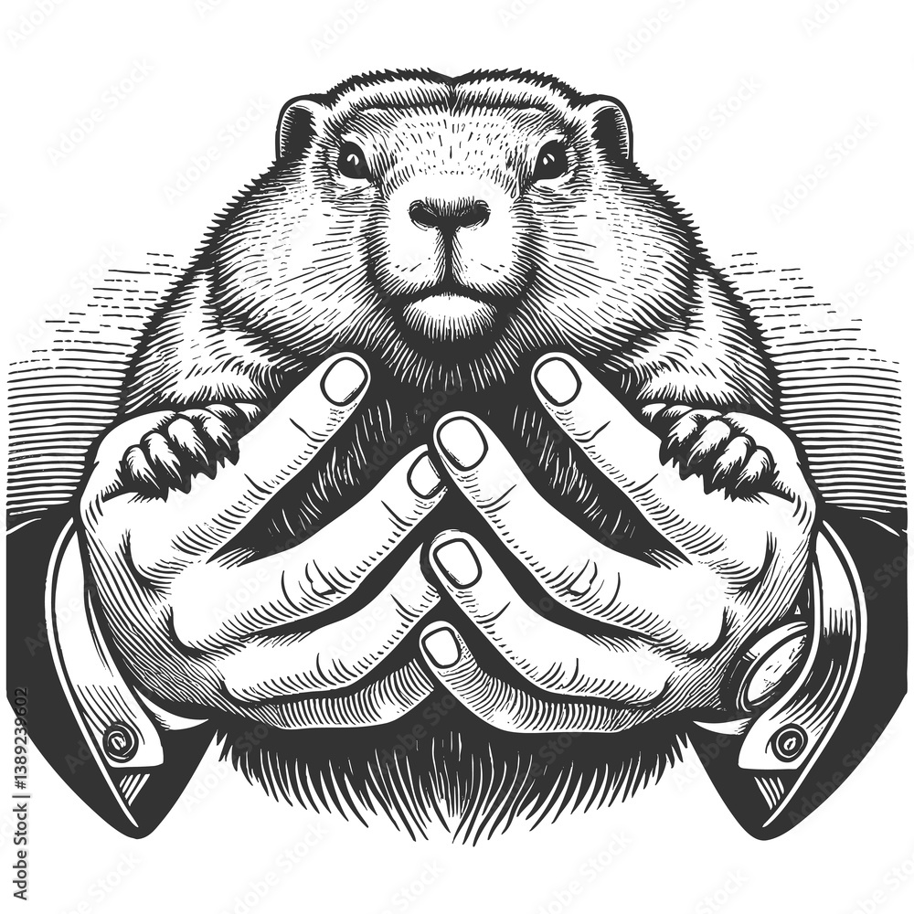 Poster man in a suit holding a groundhog, blending formal attire with nature in a surreal way sketch engrav