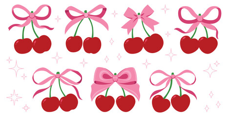Coquette cherries with gift bow. Vector Illustration of pink girly vintage bows and cherry. Cherries with ribbon. Cute trendy line art set. Ribbons isolated. Trendy girls accessories. Cute hairstyle d