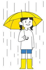 雨の中傘をさし長靴を履いている女の子
