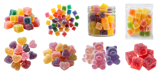 Sugar Gummy gummies jelly cube heart love bear chewy sweet candy candies, many angles view, jar bottle, sealed foil packet pack, pile stack on transparent cutout PNG. Mockup template for design