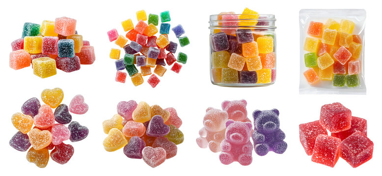 Sugar Gummy gummies jelly cube heart love bear chewy sweet candy candies, many angles view, jar bottle, sealed foil packet pack, pile stack on transparent cutout PNG. Mockup template for design