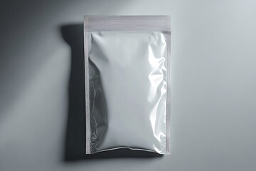 Blank Silver Foil Pouch on Gray Backdrop Product Packaging CloseUp View