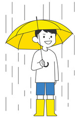 雨の中傘をさし長靴を履いている男の子