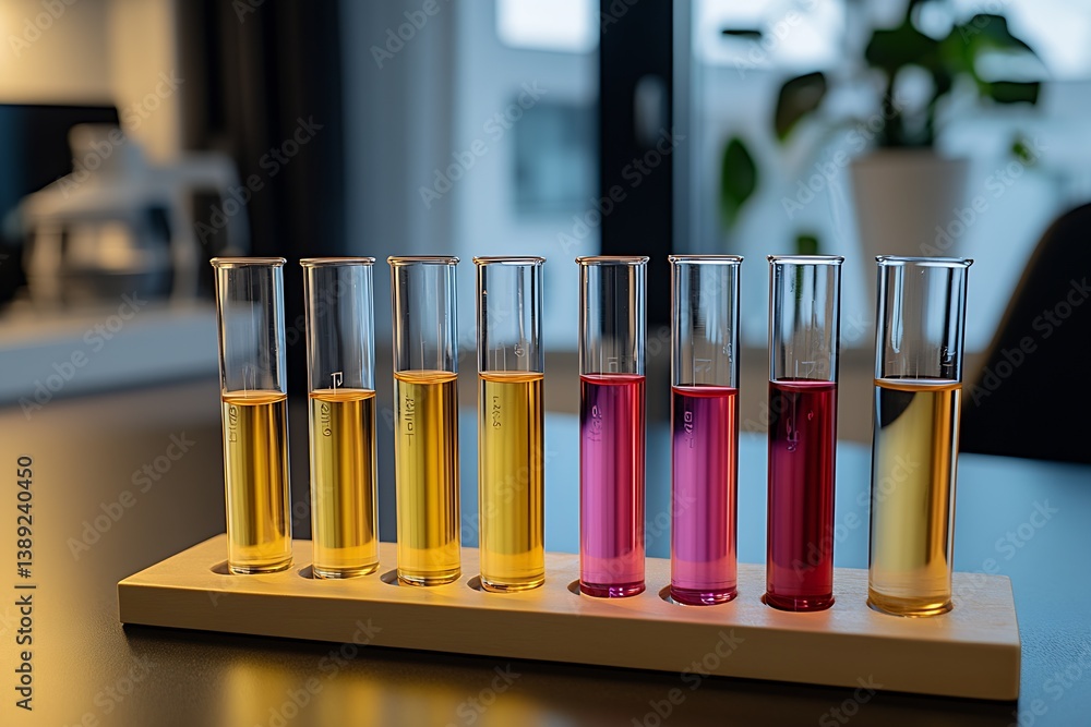 Aufkleber array of test tubes with vibrant chemical colors arranged neatly on a wooden rack in a bright lab : 