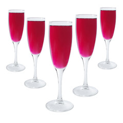 Five glasses with red cocktail. Isolated on white.