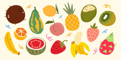 Collection of colorful summer fruits illustration. Coconut, strawberry, papaya, banana, kiwi, peach, watermelon, lemon. Organic fresh tropical food. Fruits vector illustration in cartoon retro style