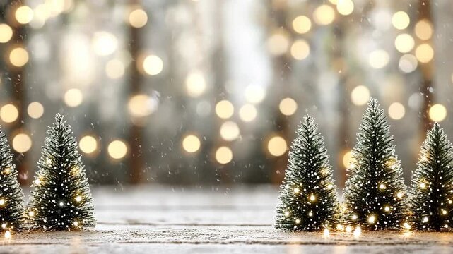 Miniature Christmas trees displayed on weathered wood surface against a bokeh light background.