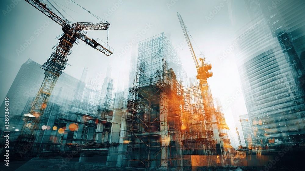 Poster modern construction site overview with cranes and scaffolding