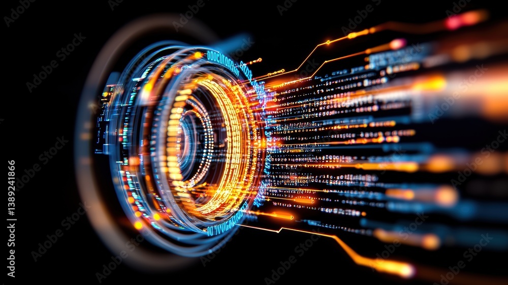 Poster futuristic digital design showcasing vibrant light trails, representing innovation and advanced tech
