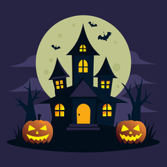 halloween background with house and pumpkin Haunted House with Glowing Jack-o'-Lanterns – Spooky Halloween Vector Design