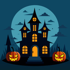 halloween background with house and pumpkin Haunted House with Glowing Jack-o'-Lanterns – Spooky Halloween Vector Design