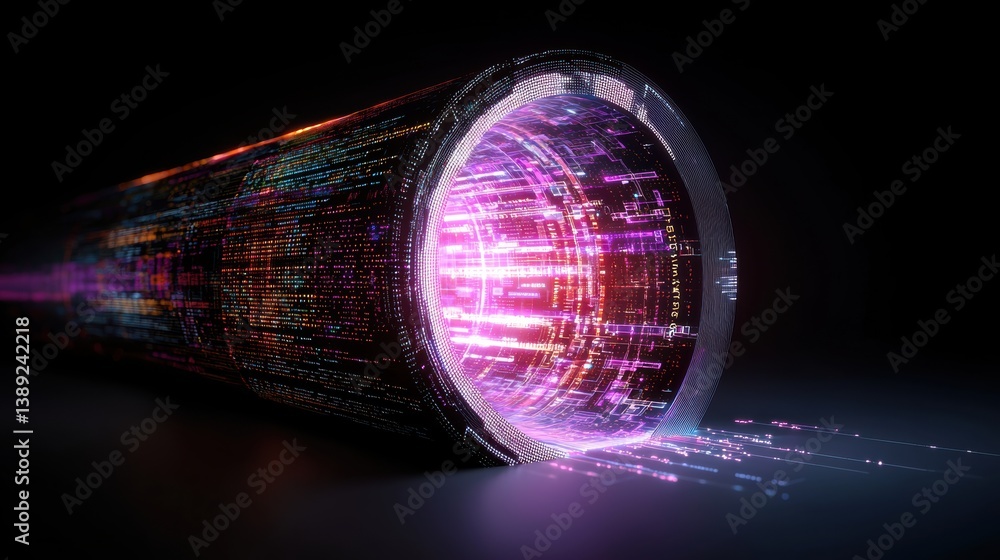 Poster futuristic digital tunnel emitting vibrant light streams, symbolizing data transfer and advanced com