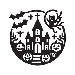 Spooky Halloween House with Tree Icon and Moon Silhouette