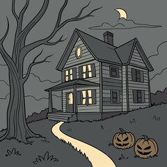 halloween background with house and pumpkin Haunted House with Glowing Jack-o'-Lanterns – Spooky Halloween Vector Design