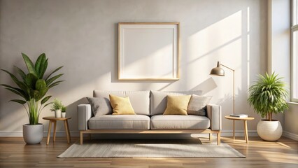 Minimalist Living Room Poster Mockup, Sunlight, Sofa, Frame, Wall, Interior Design, Home Decor