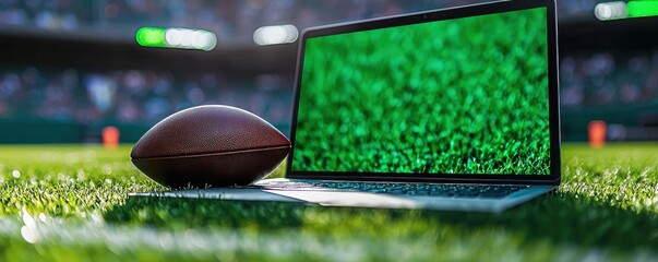 Laptop with a green screen beside an American football on a stadium field