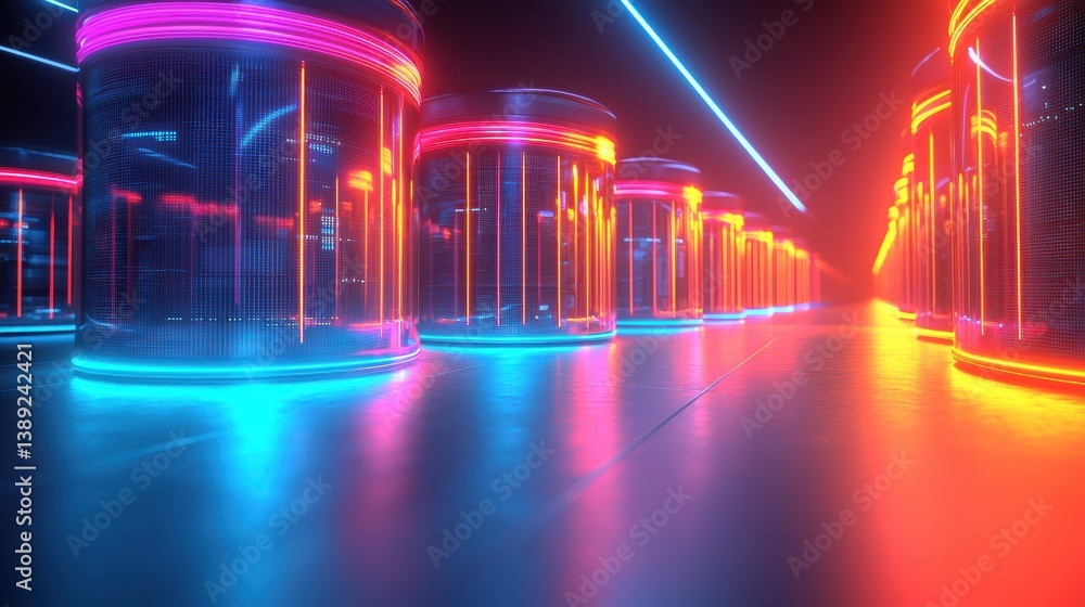 Poster Futuristic glowing tubes create a vibrant atmosphere, showcasing a blend of neon colors and advanced design concepts.