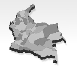 3D  Colombia map with all states in gray. Three dimensional map of Brazil with shadow. Three dimensional map of Colombia on white background for your design, app, UI.  EPS10.