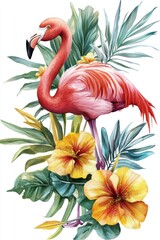 Beautiful watercolor painting of a flamingo amidst tropical foliage and flowers