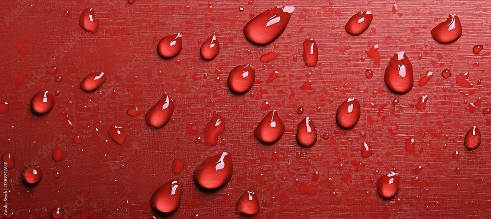 Poster close up of water drops on a vibrant red metallic surface, creating an abstract pattern