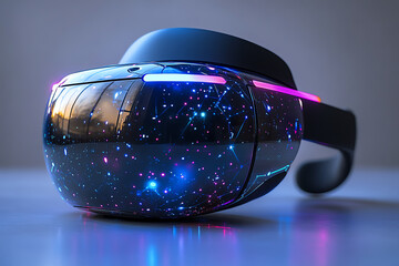 Futuristic virtual reality headset with a cosmic design, showcasing vibrant colors and advanced technology for immersive experiences.