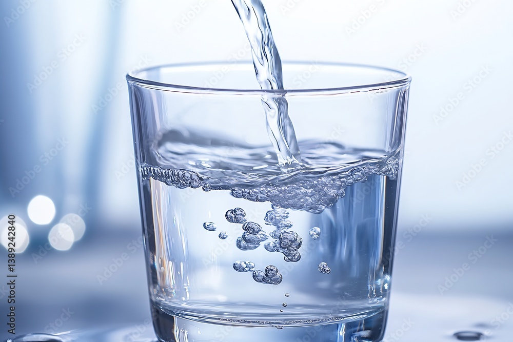 Poster Fresh water being poured into a glass capturing bubbles and reflections in soft light : Generative AI