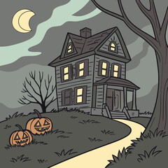 halloween background with house and pumpkin Haunted House with Glowing Jack-o'-Lanterns – Spooky Halloween Vector Design