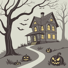 halloween background with house and pumpkin Haunted House with Glowing Jack-o'-Lanterns – Spooky Halloween Vector Design