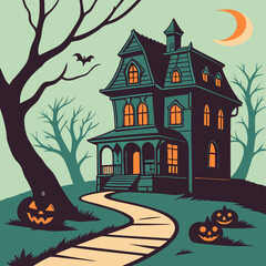 halloween background with house and pumpkin Haunted House with Glowing Jack-o'-Lanterns – Spooky Halloween Vector Design