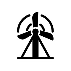 Wind Turbine – A black and white minimalist icon of a wind turbine with three clean, symmetrical blades. 