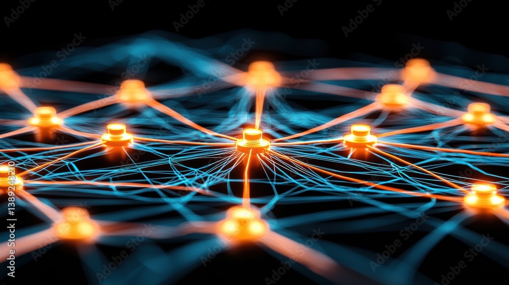 Poster Intricate network of glowing nodes and connections, symbolizing advanced technology and digital communication.