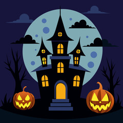 Fototapeta premium halloween background with house and pumpkin Haunted House with Glowing Jack-o'-Lanterns – Spooky Halloween Vector Design
