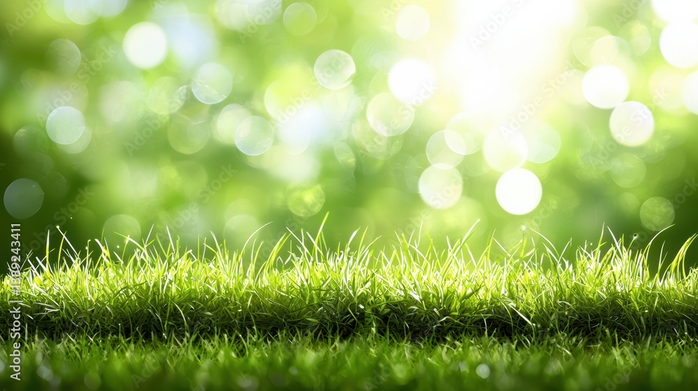 Poster lush green grass illuminated by soft sunlight, creating a serene and vibrant atmosphere that connect