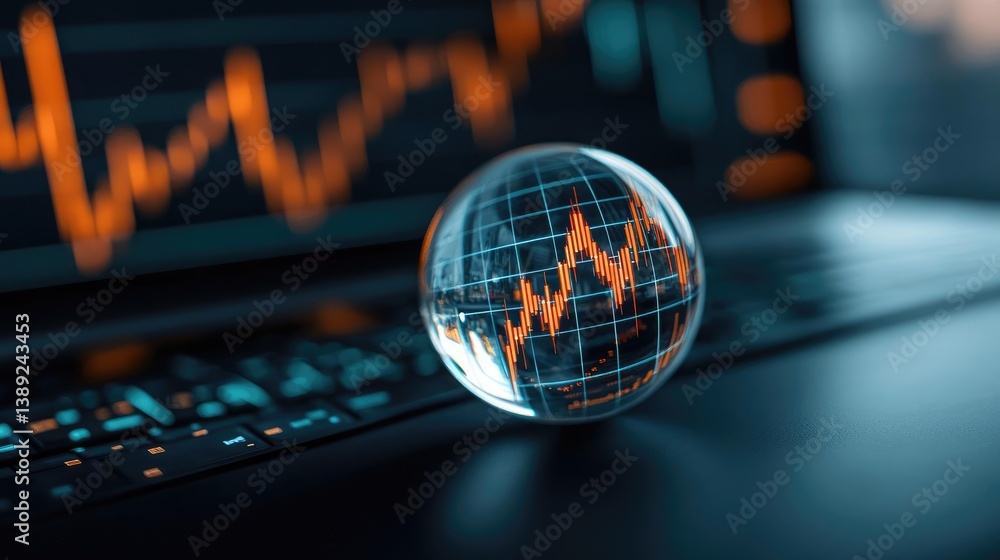 Poster candlestick in crystal globe forecasting stock market growth concept. crystal globe on a keyboard wi